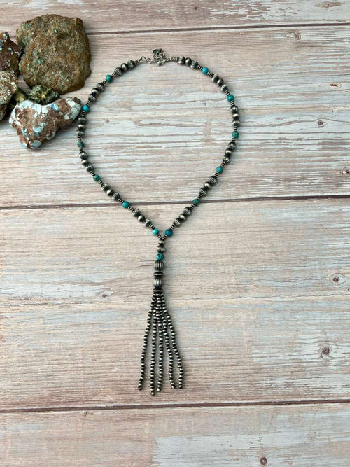 Handmade Sterling Silver Beaded Kingman Turquoise Necklace "Signed Nizhoni"