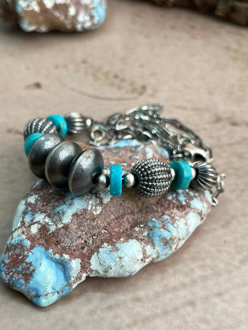 Handmade Sterling Silver Kingman Turquoise Beaded Necklace t ok with Signed Nizhoni