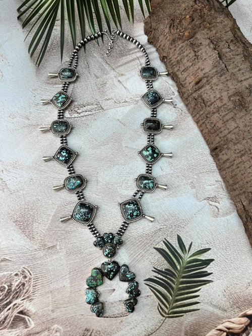 Handmade Sterling Silver Lander Turquoise Squash Blossom Beaded Necklace with Signed Nizhoni
