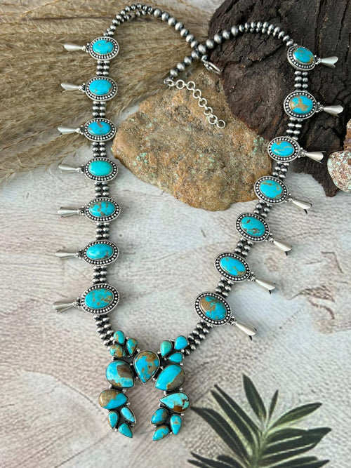 Handmade Sterling Silver Santa Maria Turquoise Squash Blossom Beaded Necklace "Signed Nizhoni"