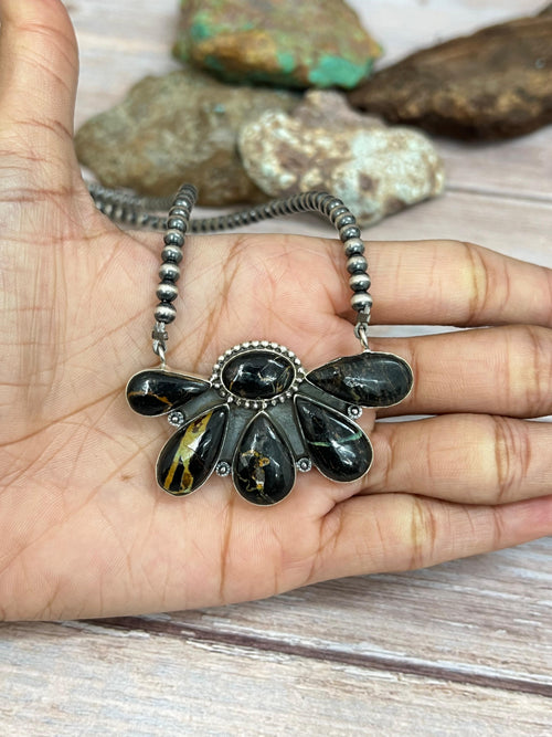 Handmade Sterling Silver Blackjack Turquoise Beaded Necklace with Signed Nizhoni