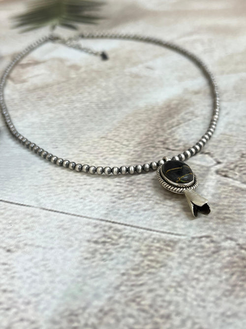 Handmade Sterling Silver Beaded Blackjack Turquoise Blossom Necklace Signed Nizhoni