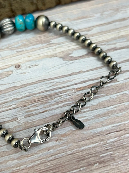 Handmade Sterling Silver Kingman Turquoise Beaded Bracelet with Signed Nizhoni