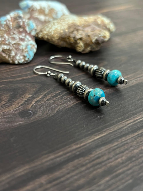 Handmade Sterling Silver Kingman Turquoise Beaded Hook Earrings with Signed Nizhoni