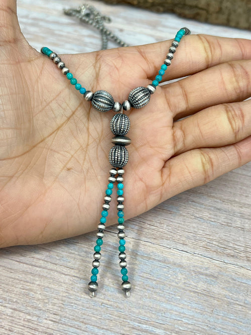 Handmade Sterling Silver Kingman Turquoise Beaded Necklace with Signed Nizhoni