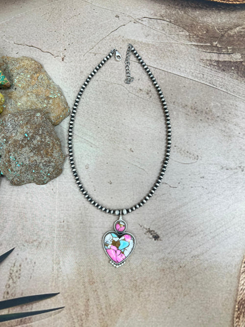 Handmade Sterling Silver Cotton Candy Turquoise Heart Necklace with Signed Nizhoni