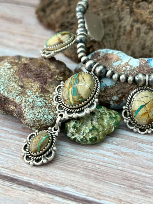 Handmade Sterling Silver Royston Ribbon Turquoise Beaded Necklace with Signed Nizhoni