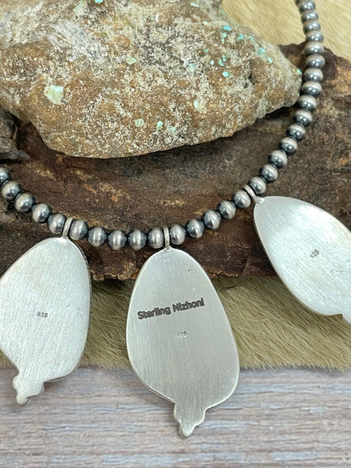 Handmade Sterling Silver Old Stock Royston Turquoise Beaded Necklace with Signed Nizhoni