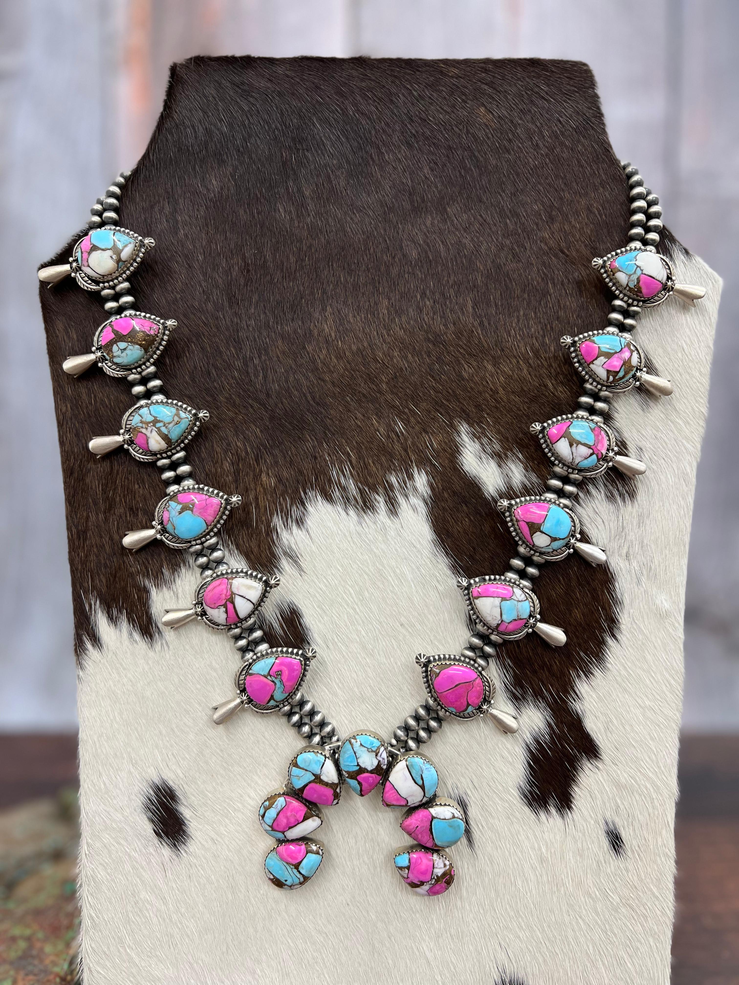 Handmade Sterling Silver Cotton Candy Turquoise Squash Blossom Necklace  with Signed Nizhoni