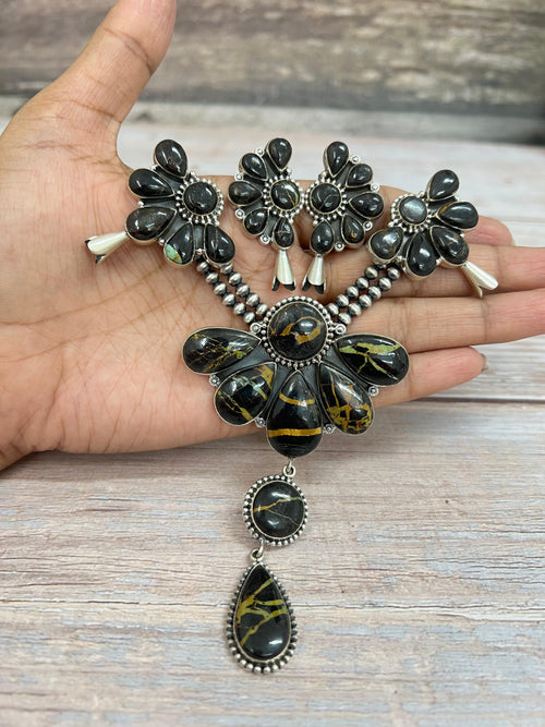 Handmade Sterling Silver Blackjack Turquoise Beaded Blossom Necklace Earrings Set with Signed Nizhoni