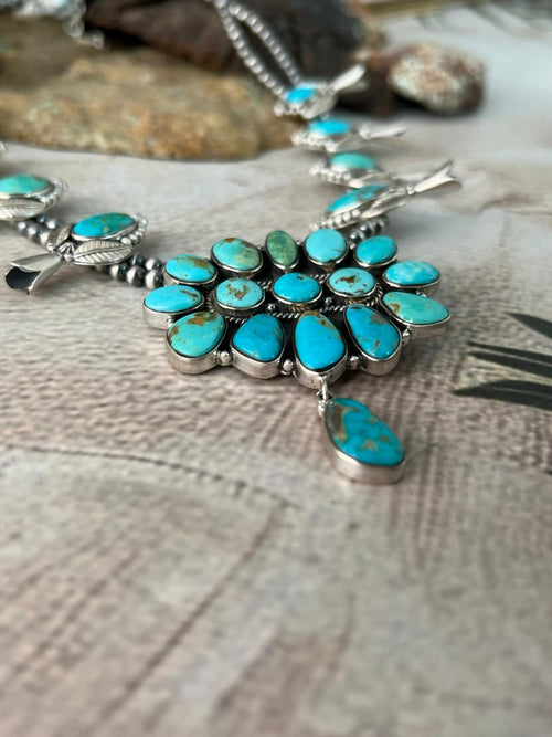 Handmade Sterling Silver Santa Maria Turquoise Squash Blossom Beaded Necklace "Signed Nizhoni"