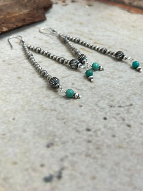 Handmade Sterling Silver Beaded Kingman Turquoise Dangle Earrings Signed Nizhoni