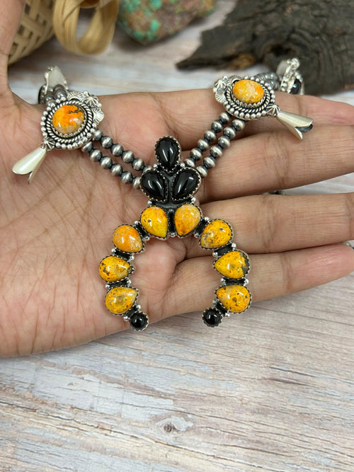"Halloween Collection" Handmade Sterling Silver Black Onyx, Bumblebee Bat Squash Blossom Beaded Necklace with Signed Nizhoni