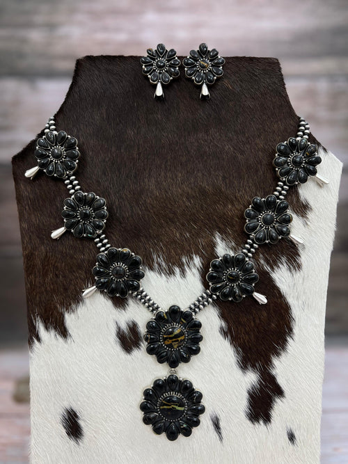 Handmade Sterling Silver Blackjack Turquoise Beaded Blossom Necklace Earrings Set with Signed Nizhoni