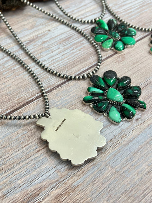 Handmade Sterling Silver Emerald Rose Necklace with Signed Nizhoni