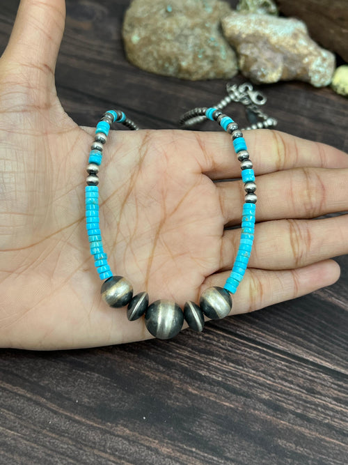 Handmade Sterling Silver Kingman Turquoise Beaded Necklace with Signed Nizhoni