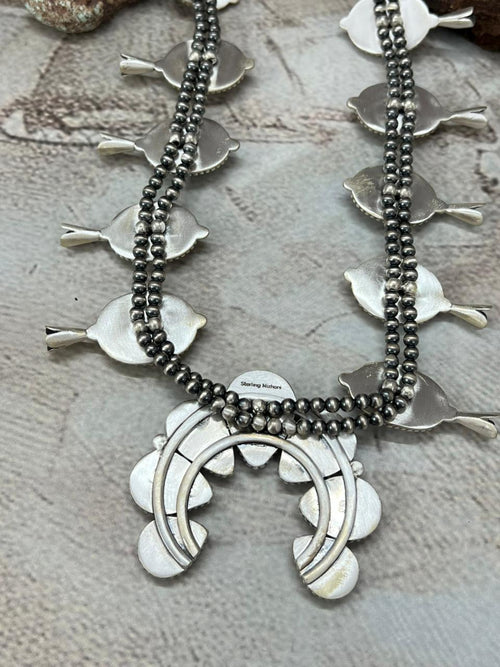 Handmade Sterling Silver Royston Ribbon Turquoise Squash Blossom Beaded Necklace with Signed Nizhoni