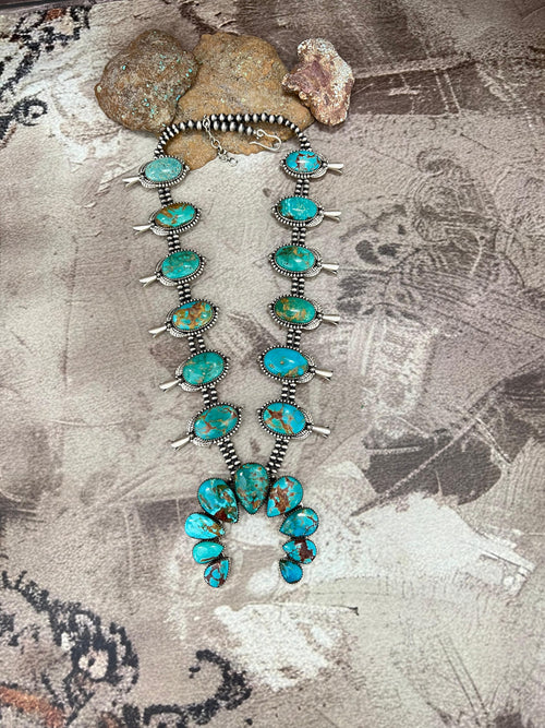 Handmade Sterling Silver Beaded Hardy Pit Squash Blossom Necklace with Signed Nizhoni