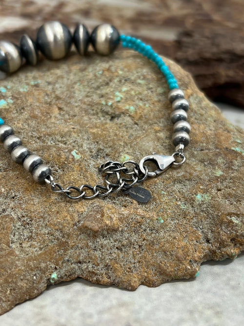 Handmade Sterling Silver Beaded Kingman Turquoise Bracelet with Signed Nizhoni