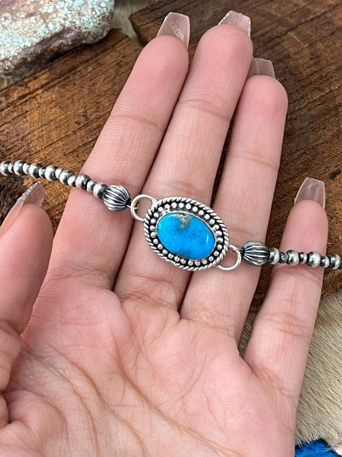 Handmade Sterling Silver Beaded Arizona Blue Turquoise Chain Bracelet "Signed Nizhoni"