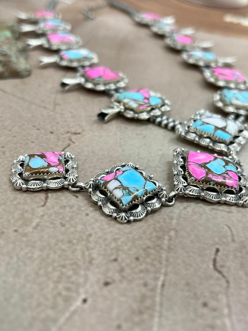 Handmade Sterling Silver Cotton Candy Turquoise Necklace with Signed Nizhoni