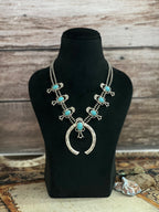 Handmade Sterling Silver Kingman Turquoise Beaded Squash Blossom Necklace with Signed Nizhoni