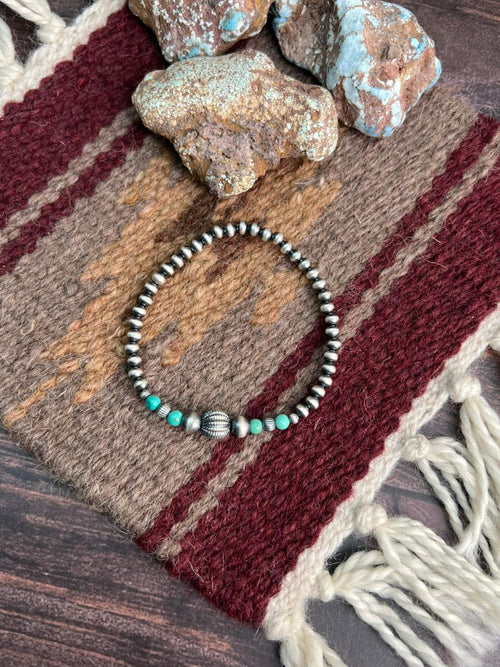 Handmade Sterling Silver Beaded Kingman Turquoise Bracelet