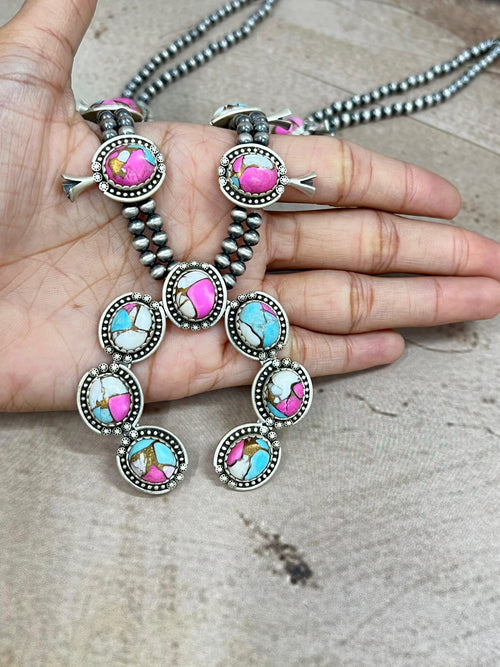 Handmade Sterling Silver Cotton Candy Turquoise Necklace with Signed Nizhoni