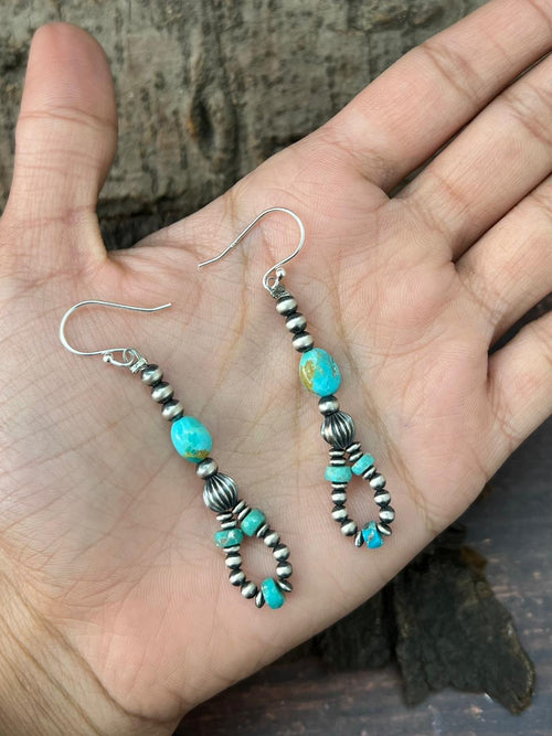 Handmade Sterling Silver Beaded Kingman with Mojave Hook Dangle Earrings