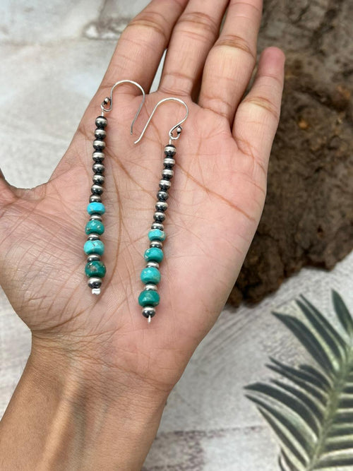 Handmade Sterling Silver Kingman Turquoise Beaded Hook Dangle Earrings