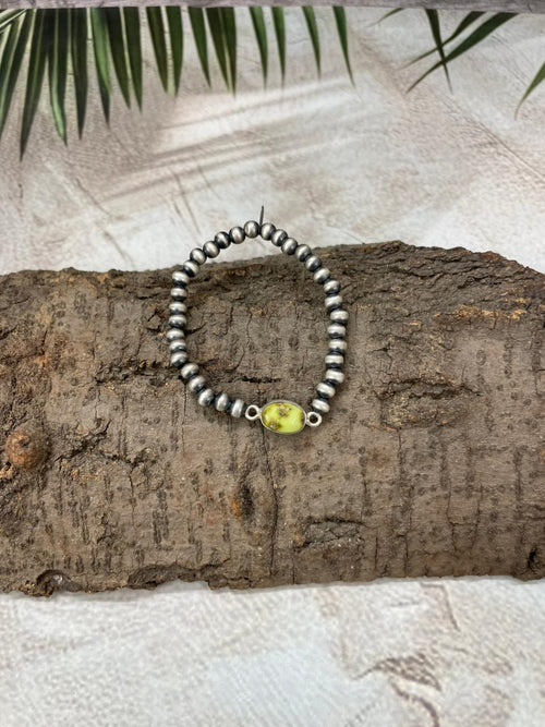 Handmade Sterling Silver Palomino Turquoise Beaded Chain Bracelet with Signed Nizhoni