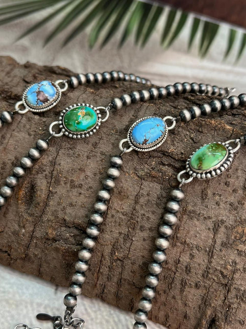 Handmade Sterling Silver Beaded Golden Hills, Sonoran Mountain Turquoise Chain Bracelet "Signed Nizhoni"