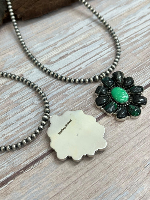 Handmade Sterling Silver Emerald Rose Beaded Necklace with Signed Nizhoni