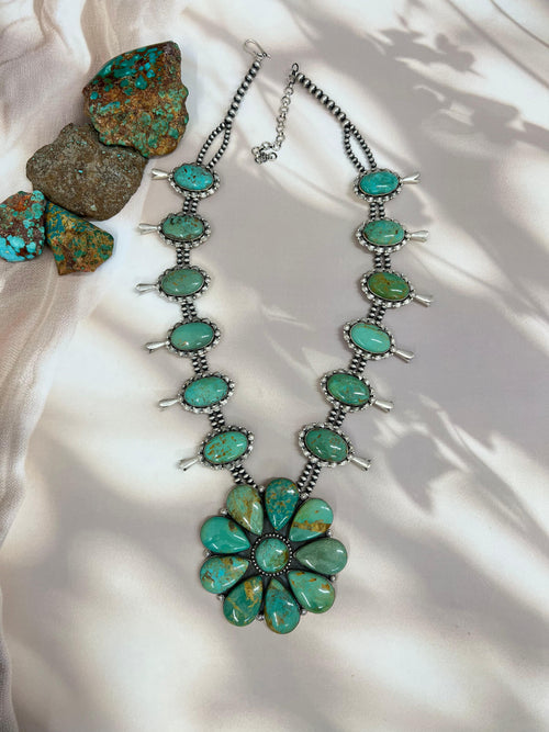 Handmade Sterling Silver Royston Turquoise Squash Blossom Necklace with Signed Nizhoni