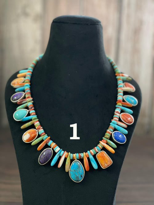 Handmade Sterling Silver Kachina Turquoise Beaded Necklace with Signed Nizhoni