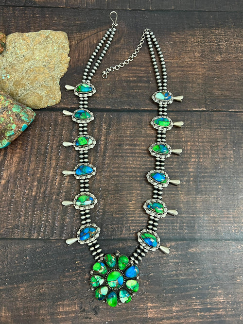 Handmade Sterling Silver Peacock Dahlia Beaded Necklace with Signed Nizhoni