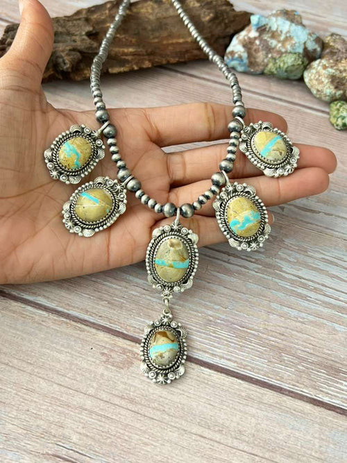 Handmade Sterling Silver Royston Ribbon Turquoise Beaded Necklace with Signed Nizhoni