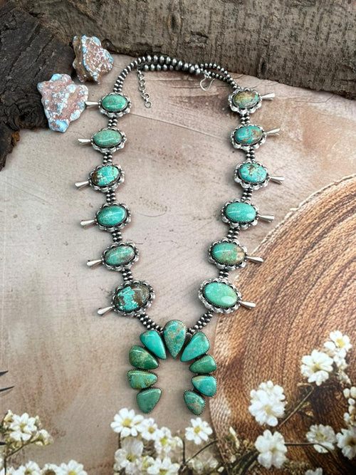Handmade Sterling Silver Mantis Turquoise Beaded Squash Blossom Naja Necklace with Signed Nizhoni