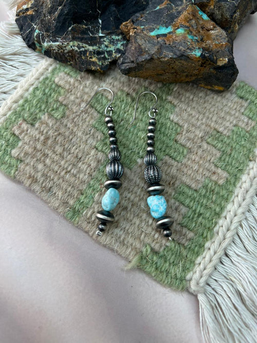 Handmade Sterling Silver Beaded White Water Hook Dangle Earrings "Signed Nizhoni"