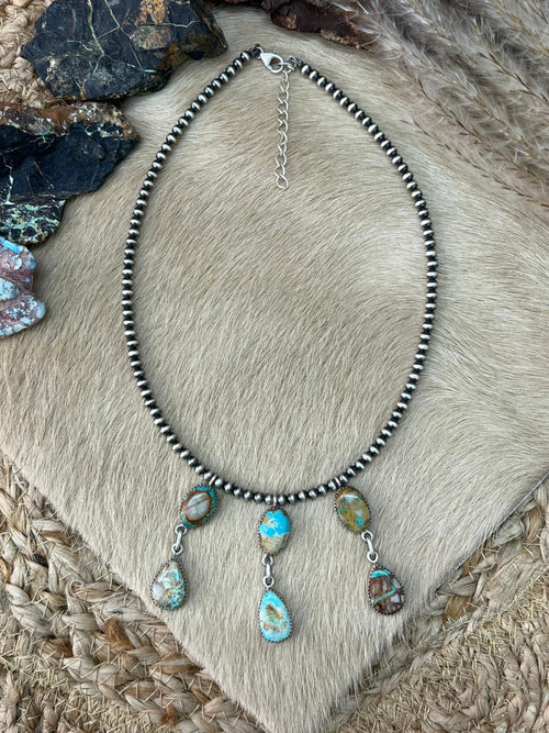 Handmade Sterling Silver Royston Ribbon Turquoise Beaded Necklace "Signed Nizhoni"