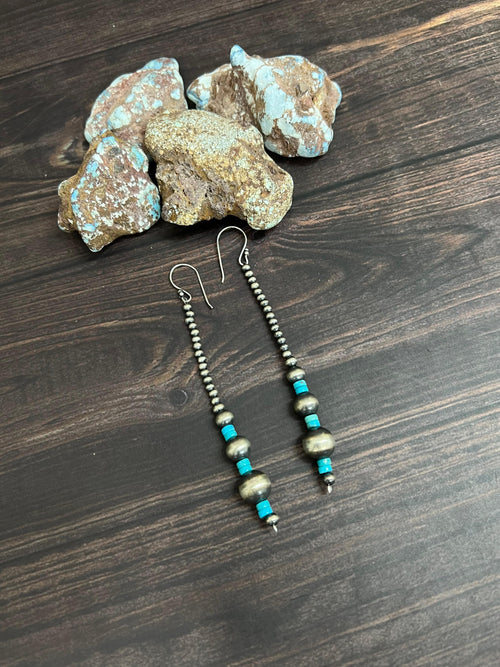 Handmade Sterling Silver Kingman Turquoise Beaded Hook Earrings with Signed Nizhoni