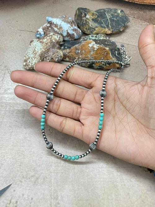 Handmade Sterling Silver Beaded Kingman Turquoise Necklace "Signed Nizhoni" (5)
