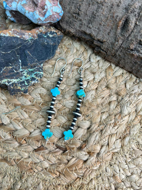 Handmade Sterling Silver Beaded Kingman Turquoise Hook Dangle Earrings