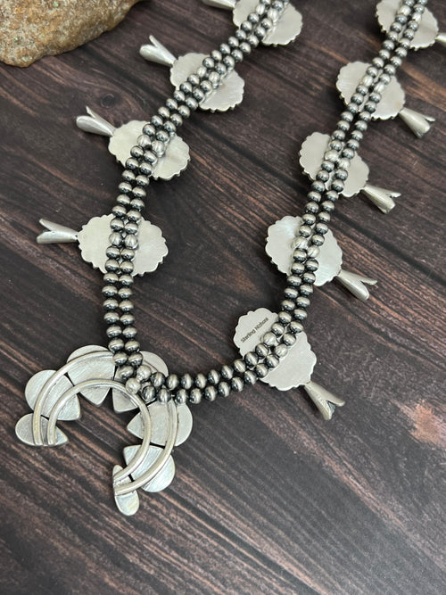 Handmade Sterling Silver South Hill Turquoise Beaded Necklace with Signed Nizhoni