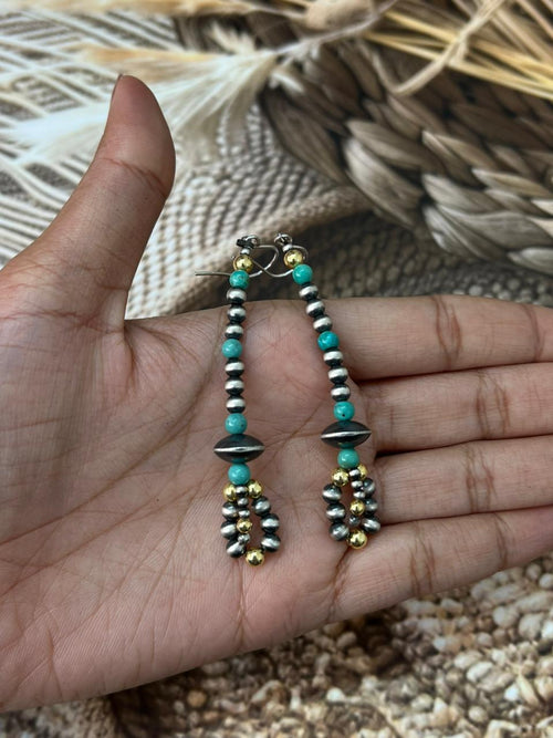 Handmade Sterling Silver Kingman Turquoise Hook Dangle Beaded Earrings