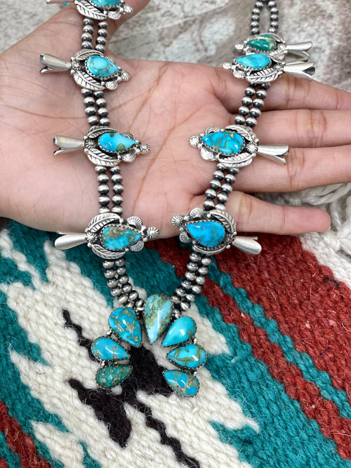 Handmade Sterling Silver South Hill Turquoise Squash Blossom Beaded Necklace with Signed Nizhoni