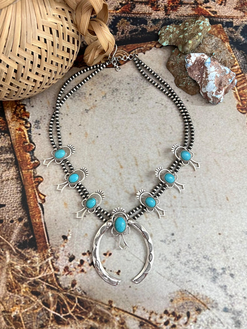 Handmade Sterling Silver Kingman Turquoise Beaded Squash Blossom Necklace with Signed Nizhoni