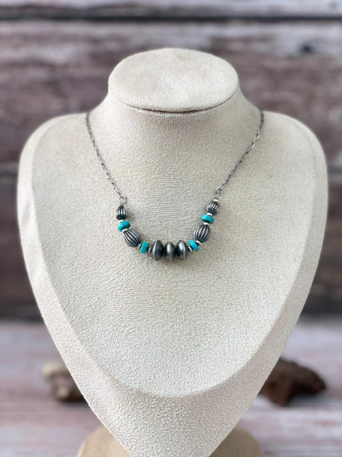 Handmade Sterling Silver Kingman Turquoise Beaded Necklace t ok with Signed Nizhoni