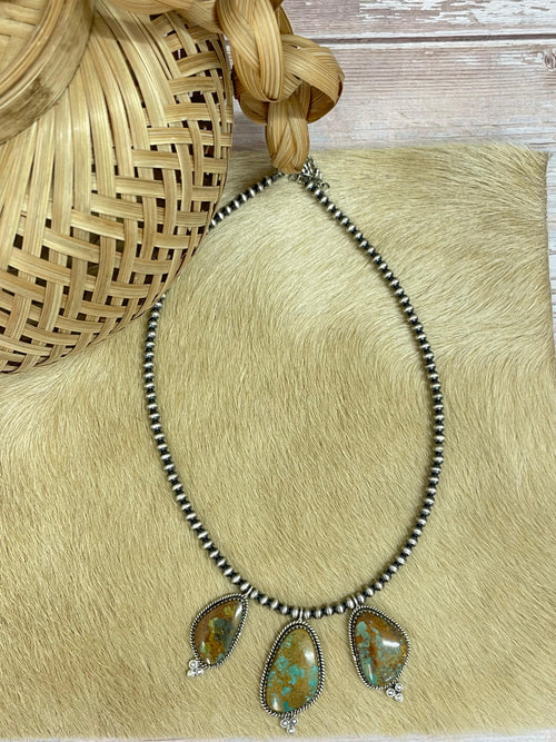 Handmade Sterling Silver Old Stock Royston Turquoise Beaded Necklace with Signed Nizhoni