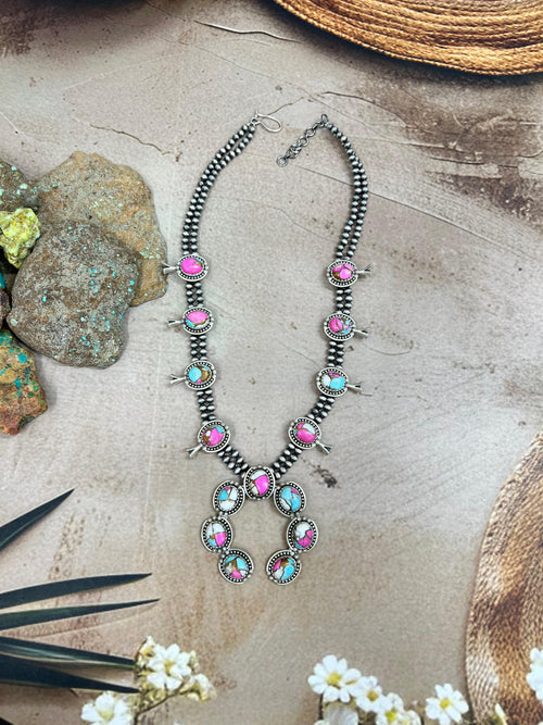 Handmade Sterling Silver Cotton Candy Turquoise Necklace with Signed Nizhoni